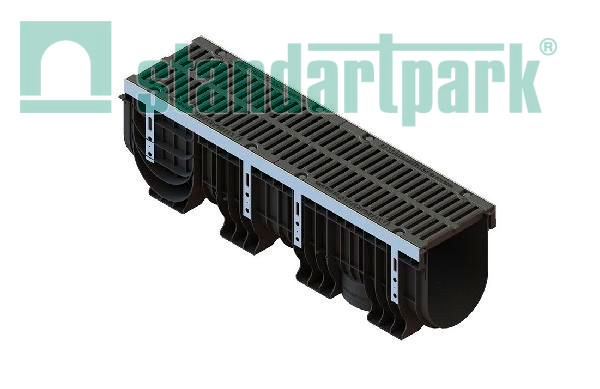 Лоток водоотводный пластиковый PolyMax Drive DN200 h317с решеткой чугунной «шина» ВЧ кл. Е600 (к-т)