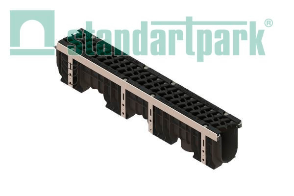 Лоток водоотводный PolyMax Drive DN100 h216 пластик. с решетк. щелевой чугунной ВЧ кл.Е (комплект)