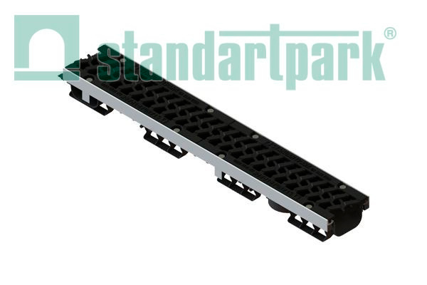 Лоток водоотводный PolyMax Drive DN100 h96 пластик. с решетк. щелевой чугунной ВЧ кл. Е (комплект)