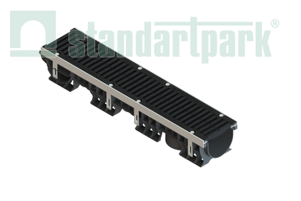 Лоток водоотводный пластик. PolyMax Drive DN150 h166 с решетк. щелевой чугунной ВЧ кл.D400 (к-т)