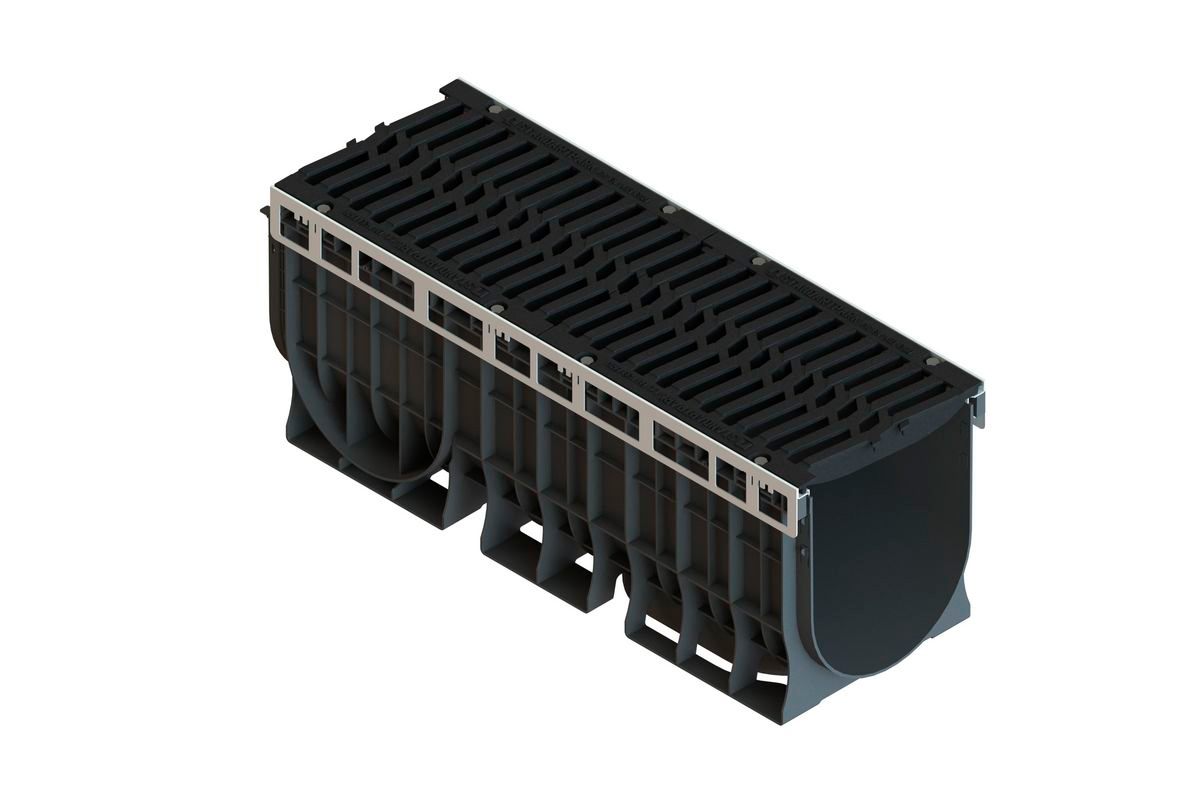 Лоток пластиковый PolyMax Drive DN300 H410 с чугунной решеткой шина E600 (к-т)