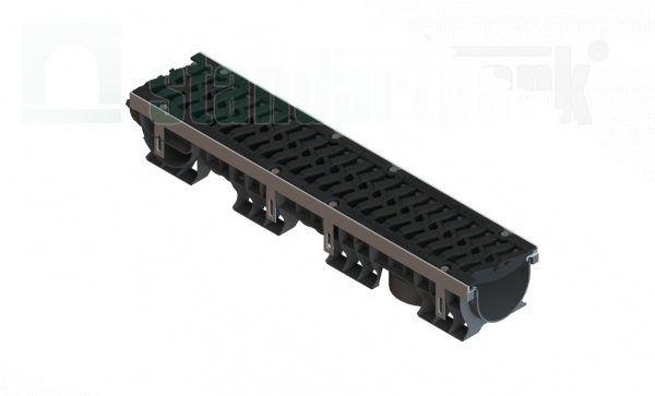 Лоток водоотводный пластиковый PolyMax Drive DN150 h166 с решеткой чугунной «шина» ВЧ кл.Е600 (к-т)