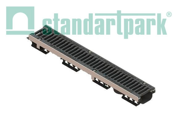 Лоток водоотводный PolyMax Drive DN100 h96 пластик. с решетк. щелевой чугунной ВЧ кл.C (комплект)