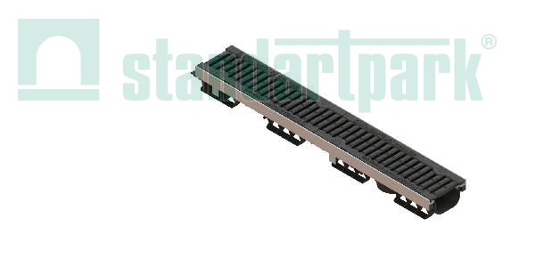Лоток водоотводный PolyMax Drive DN100 h96 пластик. с решетк. щелевой чугунной ВЧ кл.D (комплект)
