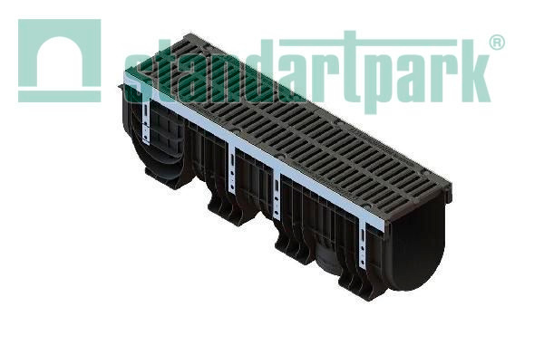 Лоток водоотводный пластик. PolyMax Drive DN200 h317 с решетк. щелевой чугунной ВЧ кл.D400 (к-т)