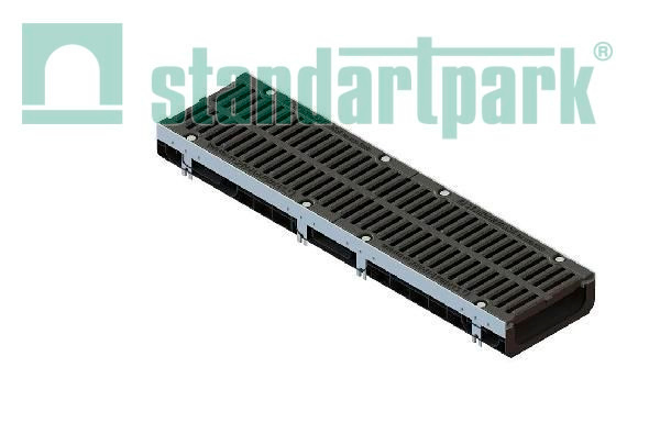 Лоток водоотводный пластиковый PolyMax Drive DN200 h97 с решеткой чугунной «шина» ВЧ кл. Е600 (к-т)