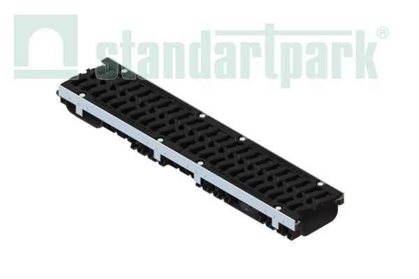 Лоток водоотводный пластиковый PolyMax Drive DN150 h96 с решеткой чугунной «шина» ВЧ кл.Е600 (к-т)