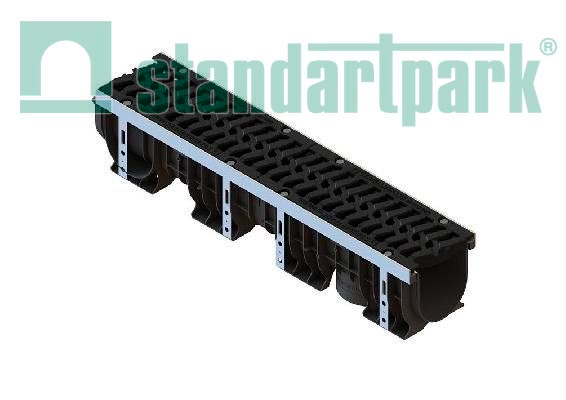 Лоток водоотводный пластиковый PolyMax Drive DN150 h216 с решеткой чугунной «шина» ВЧ кл.Е600 (к-т)